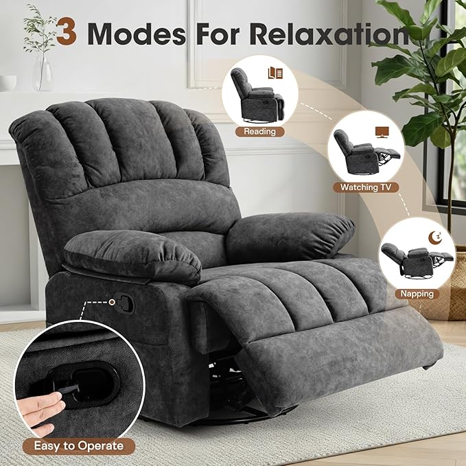 COOSLEEP Oversized Manual Swivel Rocker Recliner Chair Extra Wide Glider Rocker Recliner for Big and Tall Overstuffed Lazy Recliner Chair with High Back Single Sofa Chair for Living Room(Dark Gray)