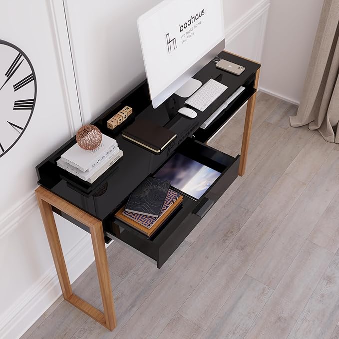 Boahaus Kettlewell Modern Black Computer Desk with USB Ports Large Drawer Open Shelf &amp Solid Wood Legs – Home Office Workstation