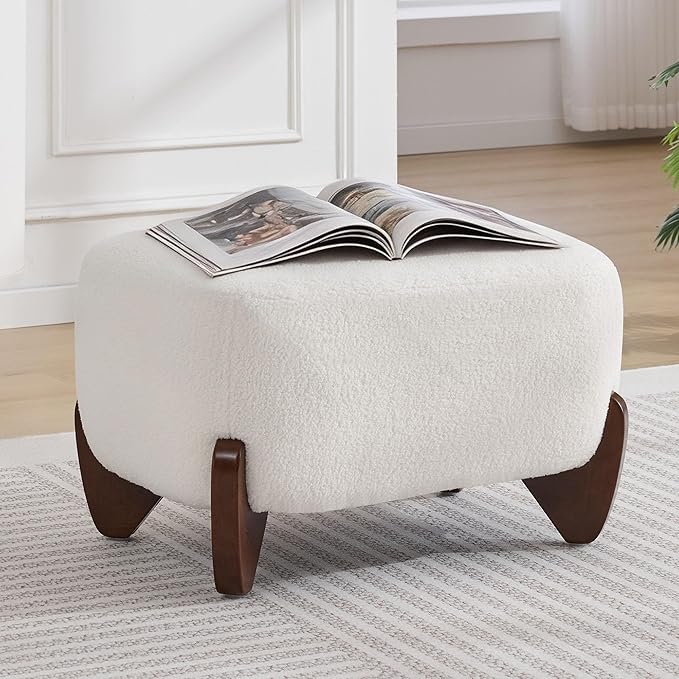 28.7 Sherpa Boucle Ottoman with Solid Wood Legs Modern Upholstered Footstool Comfy Ottoman for Living Room Bedroom White