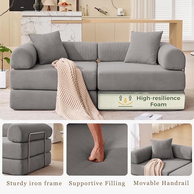 73 Convertible Modular Folding Sofa Bed 5-in-1 DIY Combination Fold Out Sleeper Sofa Bed Loveseat sleeper Couch with Removable Armrests Corduroy Floor Couch Small couches for small spaces Gray