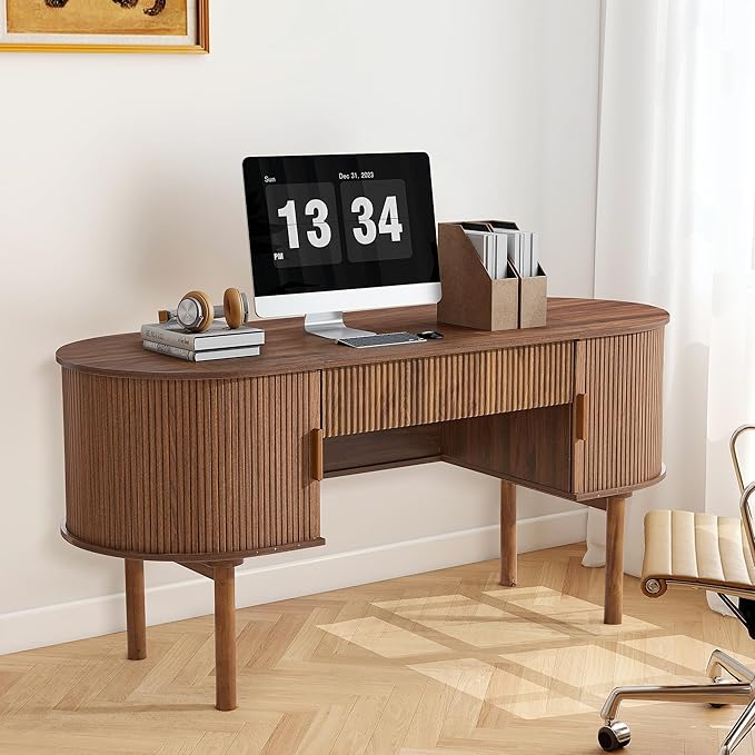 Executive Office Desk with Storage 63 Inch Large Computer Workstation Desk with Drawer and File Cabinets Mid Century Modern Fluted Wood Writing Desk for Home Office Study Room Living Room Walnut