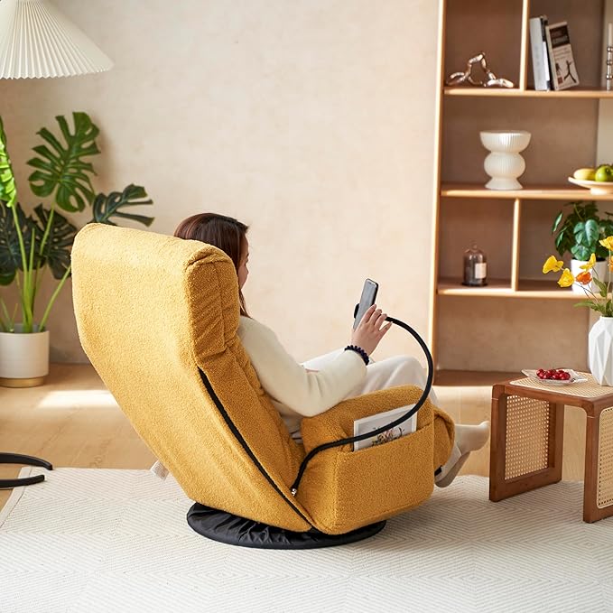 Gwen Upholstered 360° Swivel Chair Lounge Chair with Adjustable Backrest/Headrest Metal Frame Living Room Lounge Sofa and Phone Holder Comfy Bean Bag Chair Yellow