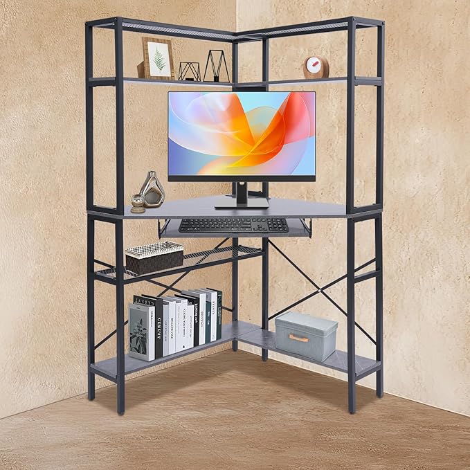 Corner Computer Desk Modern Laptop Desk w/Outlets &amp LED Light Triangle Table w/Storage Shelf Small Space for Home Office Student Dormitories Bedroom Game Room Study Room Workstation (Gray)