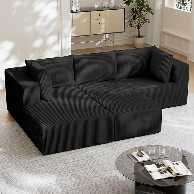 108 Boneless Couches for Living Room Modular Cloud Couch Sofa - 4 Pieces U Shap Corduroy Sectional Sofa Fluffy Memory Foam Sleeper Sofa Furniture No Assembly Wide Armrest Black