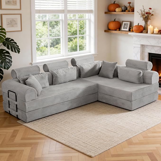 KEIKI 106 4Seat Modular Sectional Corduroy Sofa Couch for Living Room Apartment Living Family Friendly Homeowners Soft Plush Comfortable Cozy Relaxing Lounge Contemporary Design Light Gray