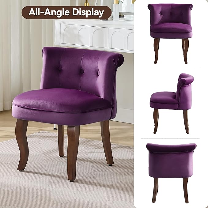 Velvet Vanity Chair with Solid Wood Legs Tufted Upholstered Vanity Stool with Back Mid Century Small Makeup Accent Chair for Bedroom Living Room Purple