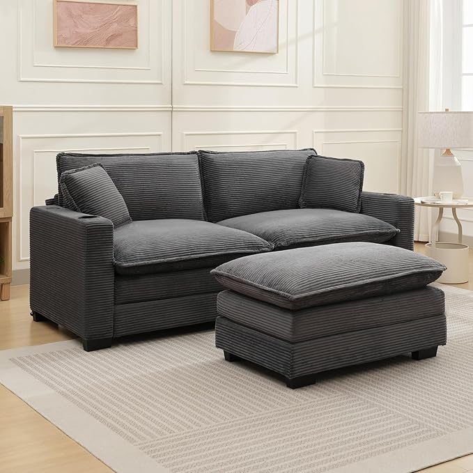 KIVENJAJA Corduroy Cloud Sectional Couch Modular Oversized Loveseat Sofa with Ottoman Cup Holders &amp USB Port Comfy 2 Seater Love Seat for Living Room Small Space 82.7”W Grey