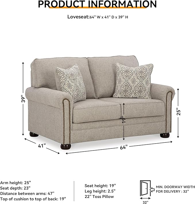 Signature Design by Ashley Gaelon Transitional Loveseat with Nailheads and 2 Accent Pillows Beige