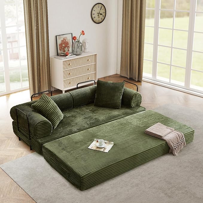 Modular Couch Bed Convertible Folding Plush Corduroy Comfy Floor Memory Foam Compression Loveseat Sleeper Sofa Couch King Size Bed for Guest Room Living Room Bedroom No Assembly Required Green