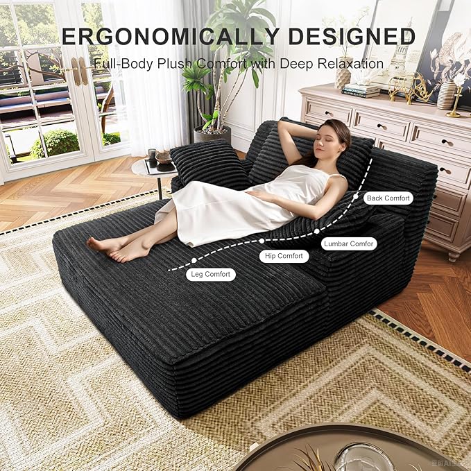 Oversized Chaise Lounge Chair Indoor Corduroy Upholstered Boneless Sofa Bed Deep Seat Sleeper Couch Reading Chairs Cloud Sofas for Living Room No Assembly Required (Black Single Size)