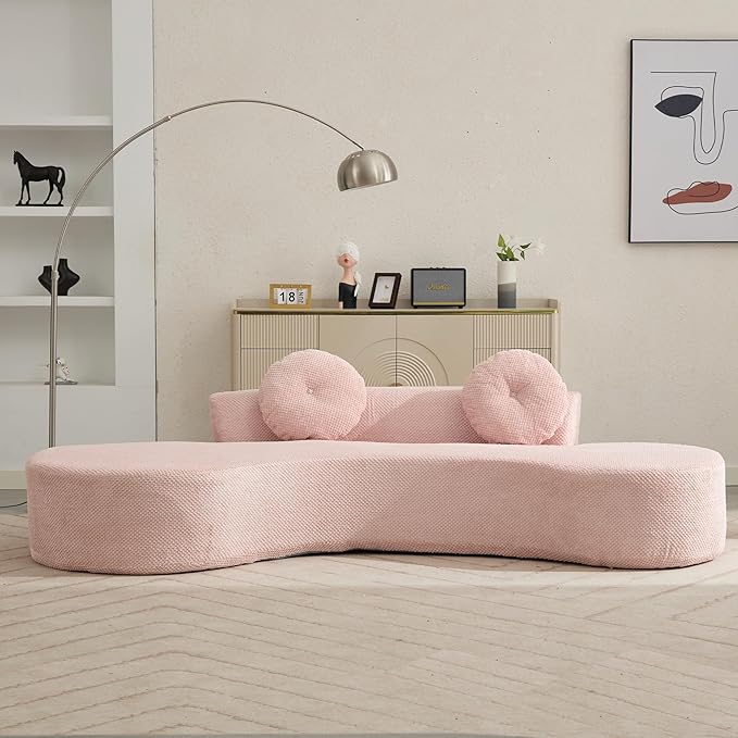 KEIKI 106 Curved Oversized Corduroy Modular Sofa with 2 Pillows and 2 Back Cushion Modern Minimalist Style Comfy 3-Seater Couch No Assembly Required for Apartment Living Room Bedroom Pink