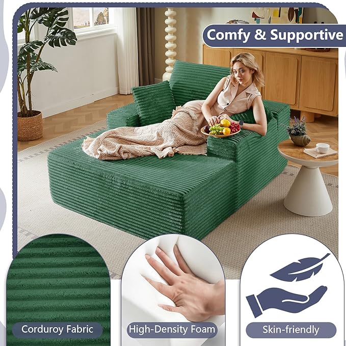49.2 Oversized Chaise Lounge Chair Indoor Modern Upholstered Deep Seat Sofa Bed Sleeper Couch Reading Chairs Comfy Corduroy Cloud Sofas Couches for Living Room No Assembly Green