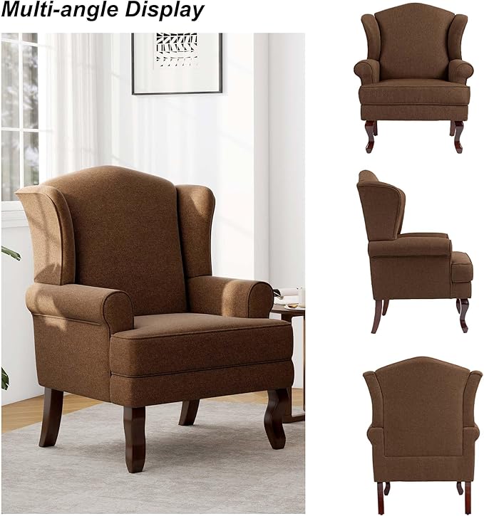 Accent Chair High Back Upholstered Armchair with High Resilience Sponge &amp Wood Legs Mid-Century Modern Comfy Single Sofa Reading Chairs for Living Room Bedroom (Brown Set of 1)
