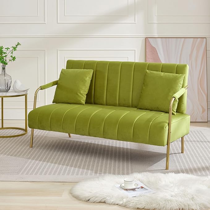 Dolonm 60 Velvet Loveseat 2 Seater Upholstered Couch with 2 Pillows Mid Century Pleated Velvet Sofa with Gold Metal Legs Perfect for Small Spaces Apartments Offices Bedrooms