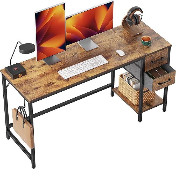 CubiCubi Computer Desk with 2 Drawers 47 Inch Small Home Office Desk with Storage Study Writing Table Rustic Brown