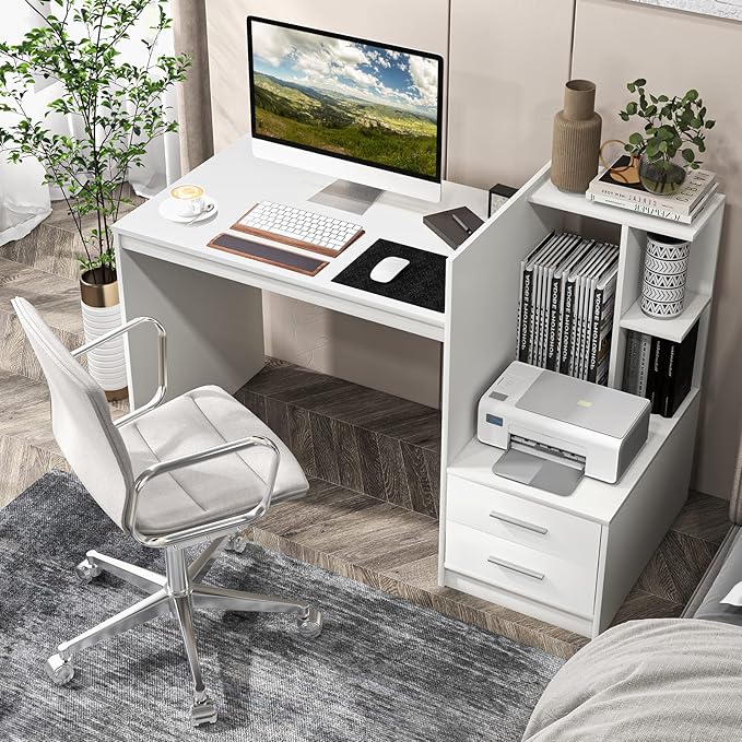 Tangkula White Desk with 2 Storage Drawers &amp Bookshelf Home Office Desk with Corner Bookshelf &amp Printer Stand Small Writing Study Desk for Small Space Modern Vanity Table for Bedroom (White