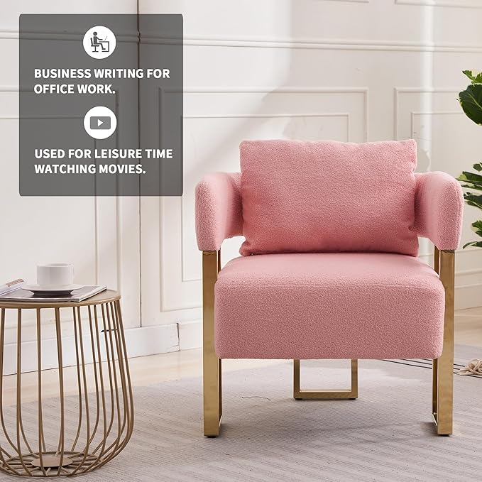 YITAI Modern Accent Chairs no Wheels Living Room Side Chairs Set of 2 with Golden Metal Legs Barrel Soft Teddyt Upholstered Reading Armchairs for OfficeStudyReception RoomBedroomLoungePink