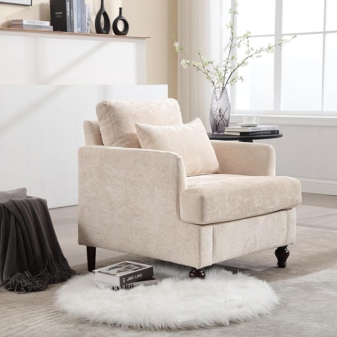 Modern Accent Chair 29'' W Comfy Chenille Tufted Lounge Armchair for Living Room Upholstered Mid Century Reading Nook Chairs Single Sofa Chair Solid Wood Frame (Beige)
