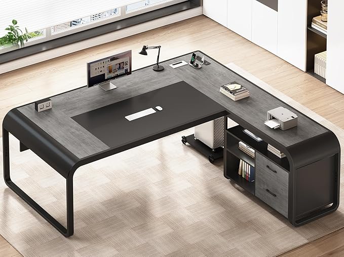 SEDETA 61 Inch Executive Desk Large Office Desk with File Drawer L Shaped Desk with Drawers Computer Desk with Mobile CPU Stand Storage Shelves Power Outlets for Home Office Gray