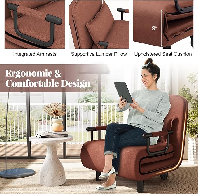 Giantex Convertible Sofa Bed 3-in-1 Folding Sleeper Chair with 5-Position Adjustable Backrest Wheels 2 Legs Recliner Chaise Lounge with Pillow Armchairs for Nursery Living Room Office (Brown)