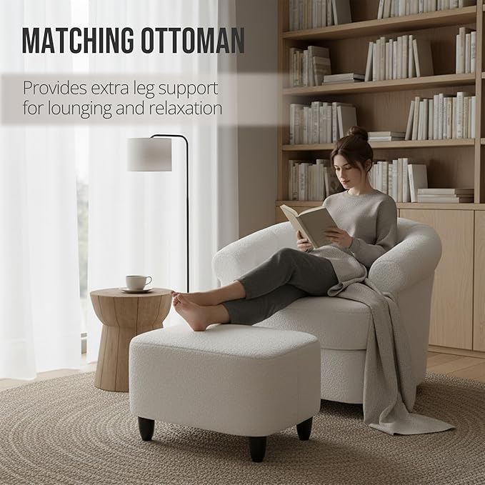 Barrel Swivel Accent Chair - Modern Comfy Boucle Armchair with Ottoman Round Upholstered Sofa Lounge Chairs Set for Living Room Bedroom Reading Corner Small Spaces (Beige)