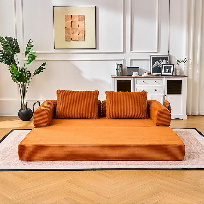 Convertible Sleeper Sofa Bed 78.7 Folding Floor Sofa Mattress Couch with Pillows Corduroy Futon Boneless Couch Lounge Loveseat with Pull Out Bed Orange