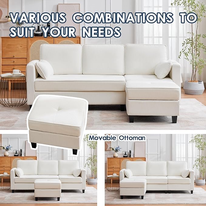 Convertible Sectional Sofa Couches for Living Room with Movable Ottoman 3 Seat 80 L Shaped Sofa with USB Ports&amp2 Pockets Corduroy Fabric Sofa Recliner for Apartment Small Place (White)