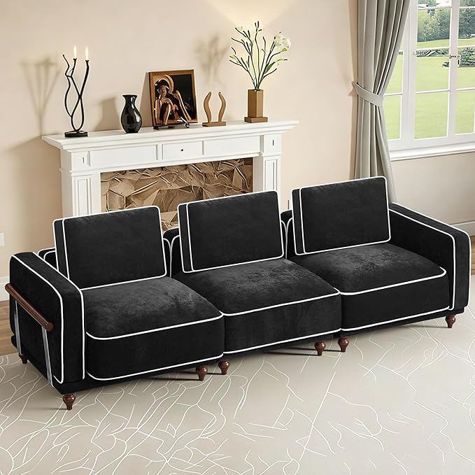 112 Cloud Modular Sectional SofaOversized Deep 3 Seater Couch with Armrests Wooden LegsComfy Thicked Cushion Upholstered Sofa for Living Room BedroomBlack