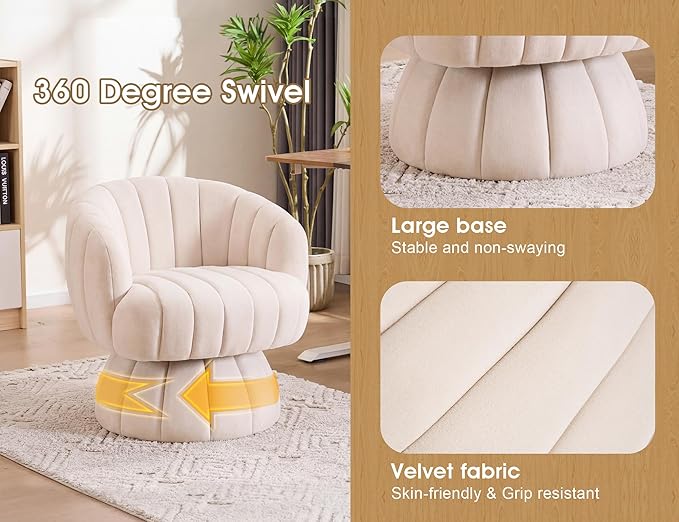 Mid Century Modern 360 Degree Barrel Swivel Accent Sofa ChairFluffy Velvet Fabric Lounge Wide Upholstered Pumpkin Reading Chair Round Cloud Armchair for Living RoomBedroomVanity(Beige)