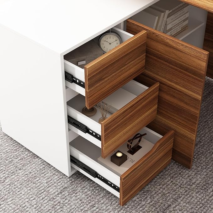 Homsee Home Office Computer Desk Corner Desk with 3 Drawers 2 Shelves &amp 2 Doors 55 Inch Large L-Shaped Study Writing Table with Storage Cabinet White &amp Brown (54.3”L x 40.9”W x 29.1”H)