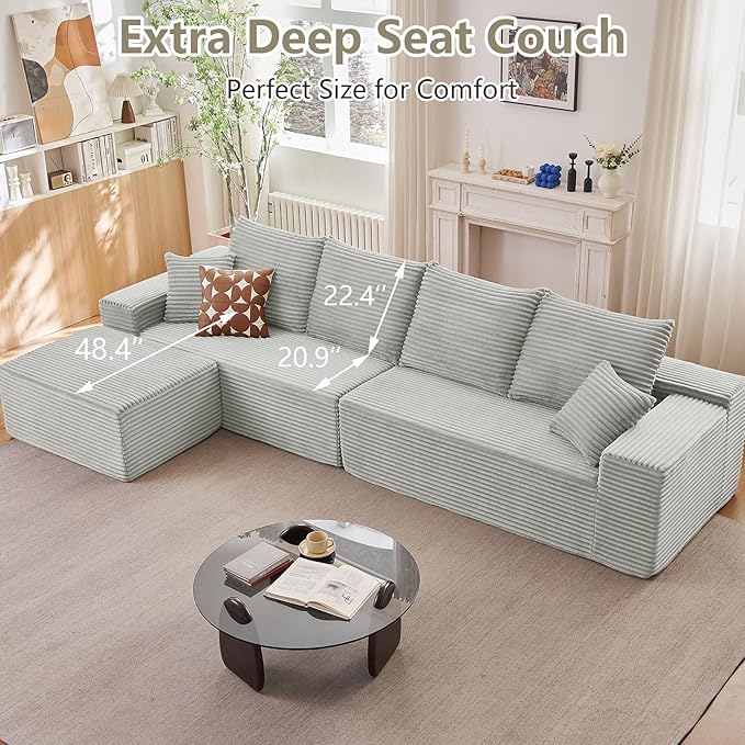 140 L Shaped Cloud Sectional Couch for Living Room Modular Floor Deep-Seat Sofa Big Comfy Corduroy Couches Set with Fluffy Memory Foam for Living Room Bedroom No Assembly Required Grey