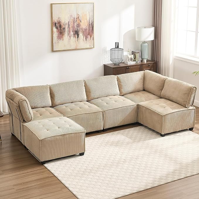 121 Inch Cloud Oversized Modular Sectional Sofa U Shaped Modular Couch with Reversible Chaise Comfy 6 Seat Convertible Sectional Sofa with Ottoman for Living Room Khaki