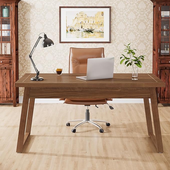 Tribesigns Home Office Executive Desk: 55 Inches Wooden Computer Desk with Drawer Mid-Century Modern Study Writing Table Rustic PC Laptop Desk Workstation Furniture Walnut Brown