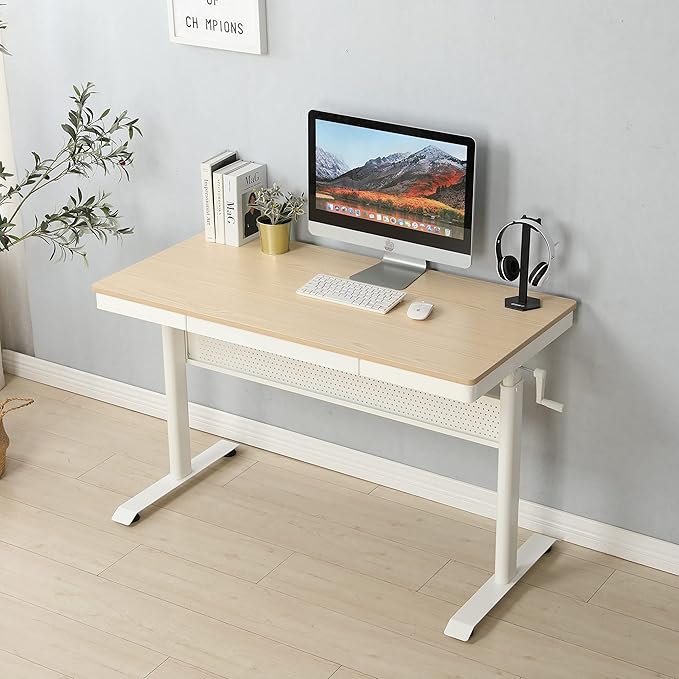 (Maple Tabletop) 48 x 24 InchesStanding Desk with Metal Drawer Adjustable Height Stand up Desk Sit Stand Home Office Desk Ergonomic Workstation