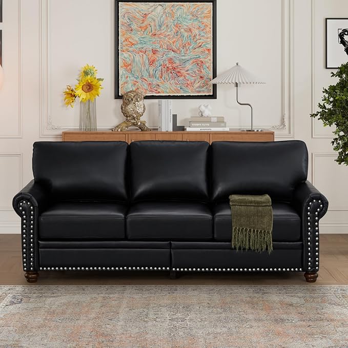 KEIKI 82.68 Chesterfield Sofa Retro Style Upholstered Faux Leather PU Couch with Storage Space Rolled Arm Nailhead for Living Room Bedroom Office Apartment Black