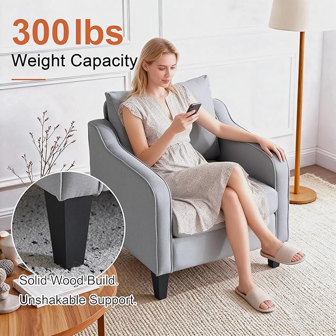 Accent Chairs Set of 2 Gray Mid Century Modern Arm Chair Fine Linen Fabric Upholstered Armchair with Scooped Arms Comfy Reading Chair for Living Room Bedroom Office Apartment