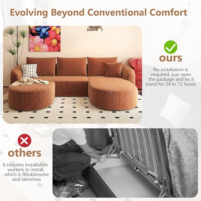111 U Shaped Modern Modular Sectional Curved Sofa with Ottoman Minimalist Style Comfy Cloud Couch for Living Room Apartment No Assembly Required Boneless Couches (OrangeRight Facing Chaise)