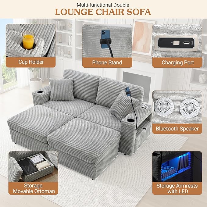 Double Chaise Lounge Chair Indoor Oversized Loveseat with Ottoman Storage USB Charging Cup Holders Phone Stand LED Corduroy Couch (Grey)