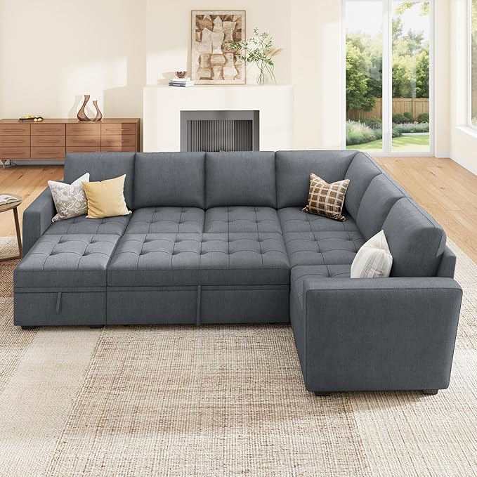HONBAY Modular Sectional Couch with Pull Out Bed Sleeper Sofa with Storage U Shaped Modular Sectional Couches for Living RoomWarm Bluish Grey
