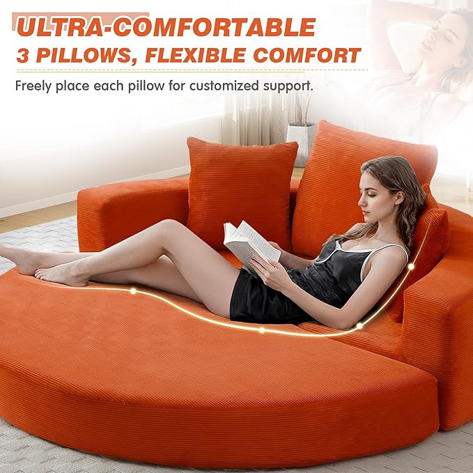 67” Oversized Round Sofa Bed 2 in 1 Convertible Circle Bed Folding Futon Lazy Floor Round Chaise Lounge Chair Comfy Corduroy Boneless Loveseat Couch for Living Room Apartment No Assembly (Orange)