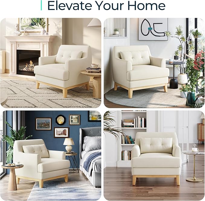 LINSY Accent Chair Large Reading Chair with Rubberwood Base Mid Century Modern Armchair with Lumbar Pillow Cozy Single Sofa Chair for Living Room Bedroom Office Study Velvet Arm Chair Beige