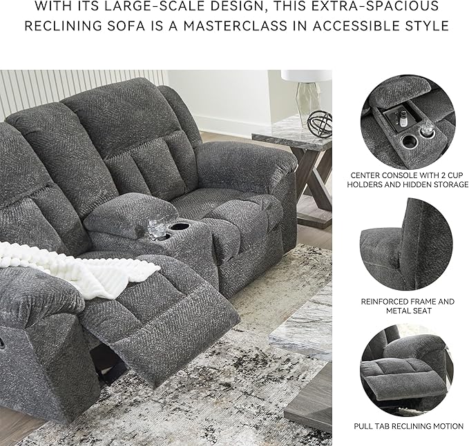 Signature Design by Ashley Frohn Contemporary Manual Reclining Loveseat with Console with Console Storage and Cup Holders Gray