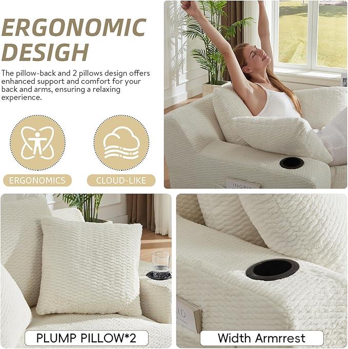 Oversized Chaise Lounge Chair - Upholstered Couch Cloud Boneless ChairDeep Seat Sleeper Sofa with Cup Holders and Side PocketsComfy Reading Chair for Living Room (Cream)