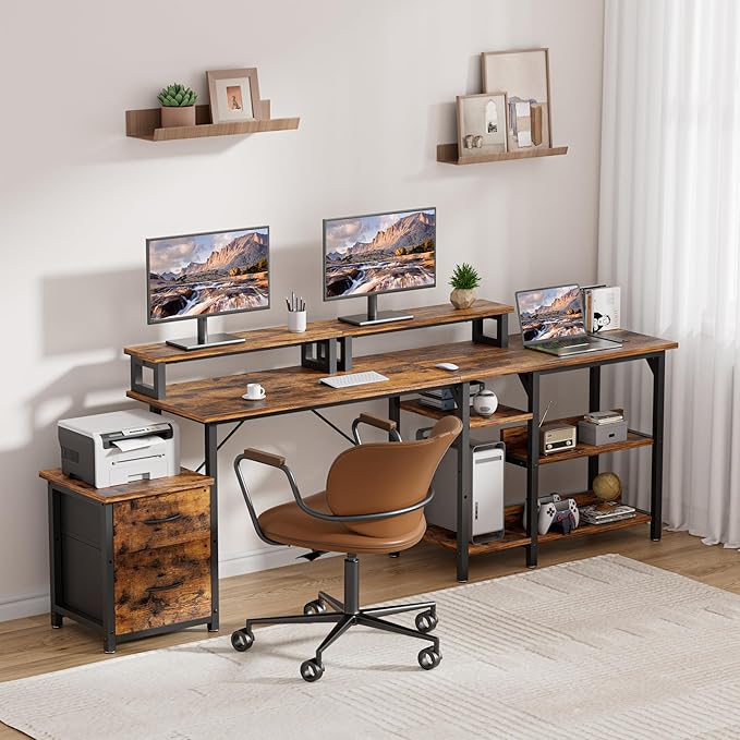 Office Desk L Shape with File Drawers&ampPower OutletYOUNGAR 69.3 Inch Reversible L Shaped Computer DesksCorner L Shape or Long Desk Set up Monitor Stand &ampStorage Shelves LED Lights &ampCPU S