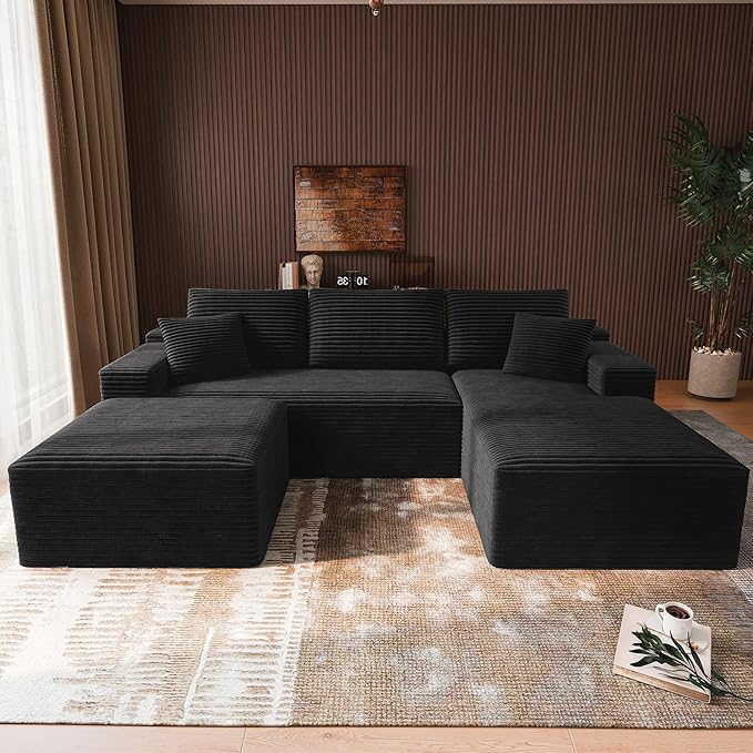 3-Piece Boneless Modular Sectional Sofa Cloud Couch Right Facing Chaise with Ottoman Oversized Deep Seat Soft Corduroy Fabric Sectional Couch for Living Room-Black