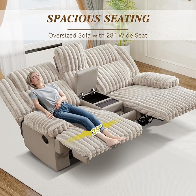 Oversized Reclining Loveseat with Hidden Cup Holders &amp Wireless Charger Wall Hugger Reclining Sofa Manual Double Recliner Loveseat with USB Ports for Living Room (Beige Loveseat)