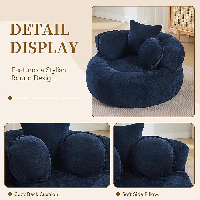 Round Oversized Chair Floor Sofa Chair Chenille Compressed Circle Chaise Lounge No Assembly Boneless Barrel Chair Lazy Bean Bag Couch Accent Chair for Living Room Bedroom DormNavy