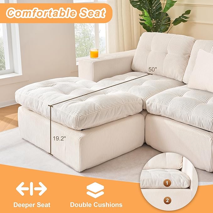 105 L Shaped Modular Sectional Sofa with OttomanCloud Boneless Couches for Living RoomCorduroy Comfy Couch with Chaise and Cup HolderUpholstered Sofa in A Box No AssemblyBeige