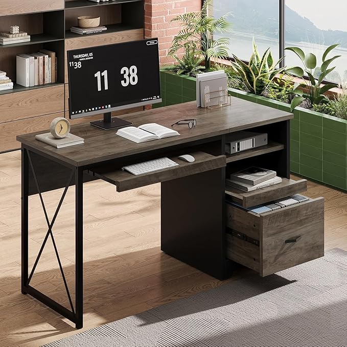 Bestier 47 Office Desk with Drawers Industrial Computer Desk with Drawer Reversible Teacher Desk with Storage &amp Keyboard Tray for Small Space Home Office &amp Studio Gray Wash