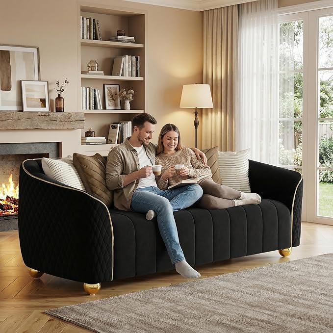 85 3-Seater Velvet Sofa - Modern Plush Spring Cushion Solid Wood Frame Spacious Deep Seat for Small Spaces Family Living Room &amp Office (Black 3S)